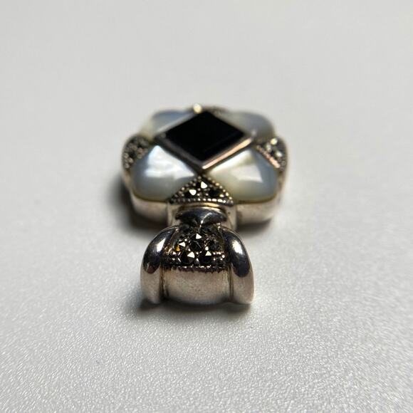NF 925 Sterling Silver Onyx Mother of Pearl Marcasite Pendant - Picture 8 of 12